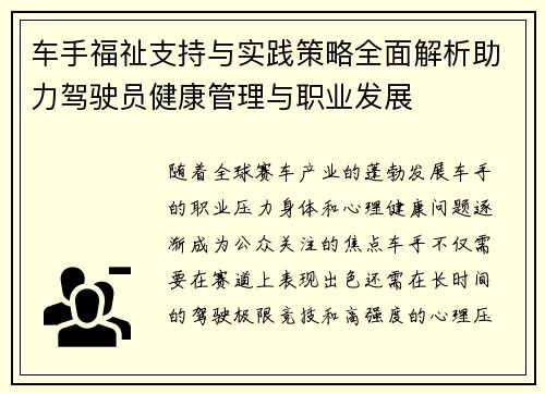 车手福祉支持与实践策略全面解析助力驾驶员健康管理与职业发展